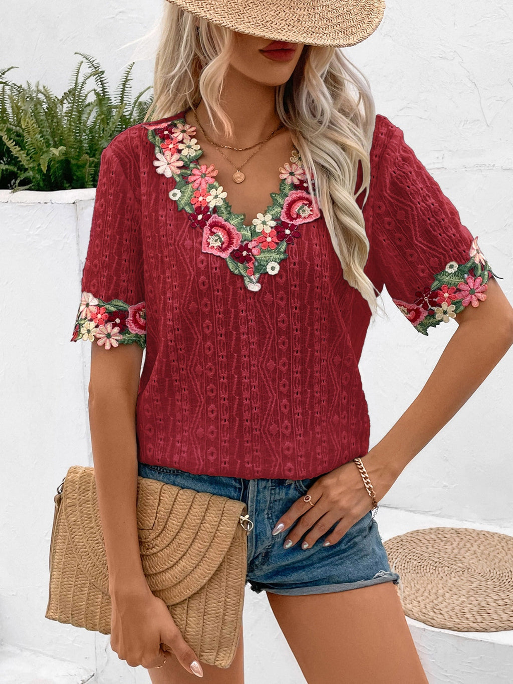 Women Eyelet Embroidered V-Neck Short Sleeve Blouse