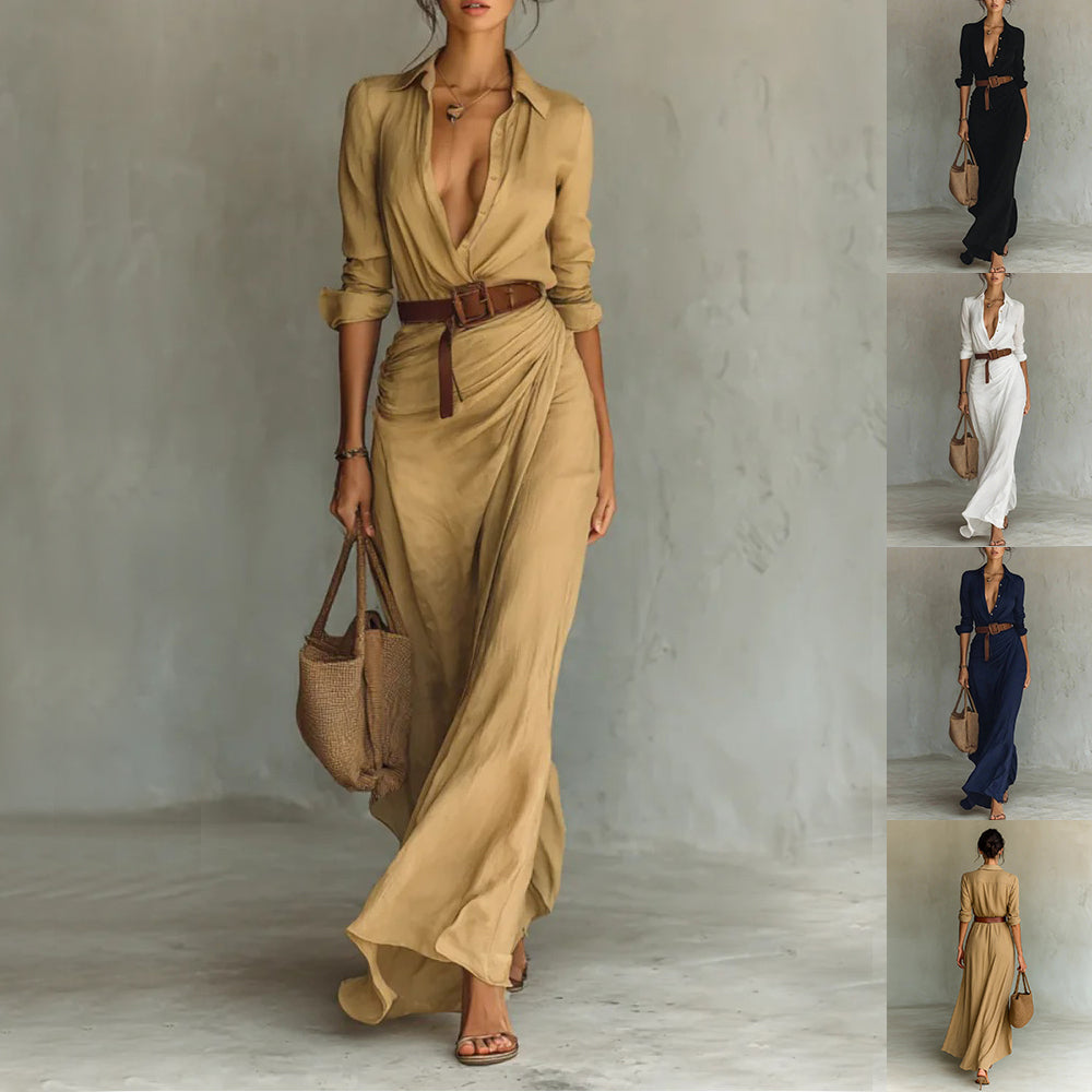 Women's Belted Long-Sleeve Shirt Dress with Asymmetric Skirt