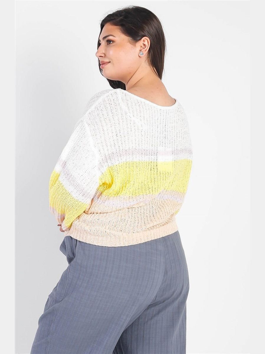 Plus Size Women White & Lemon Knit Stripe Long Sleeve Top