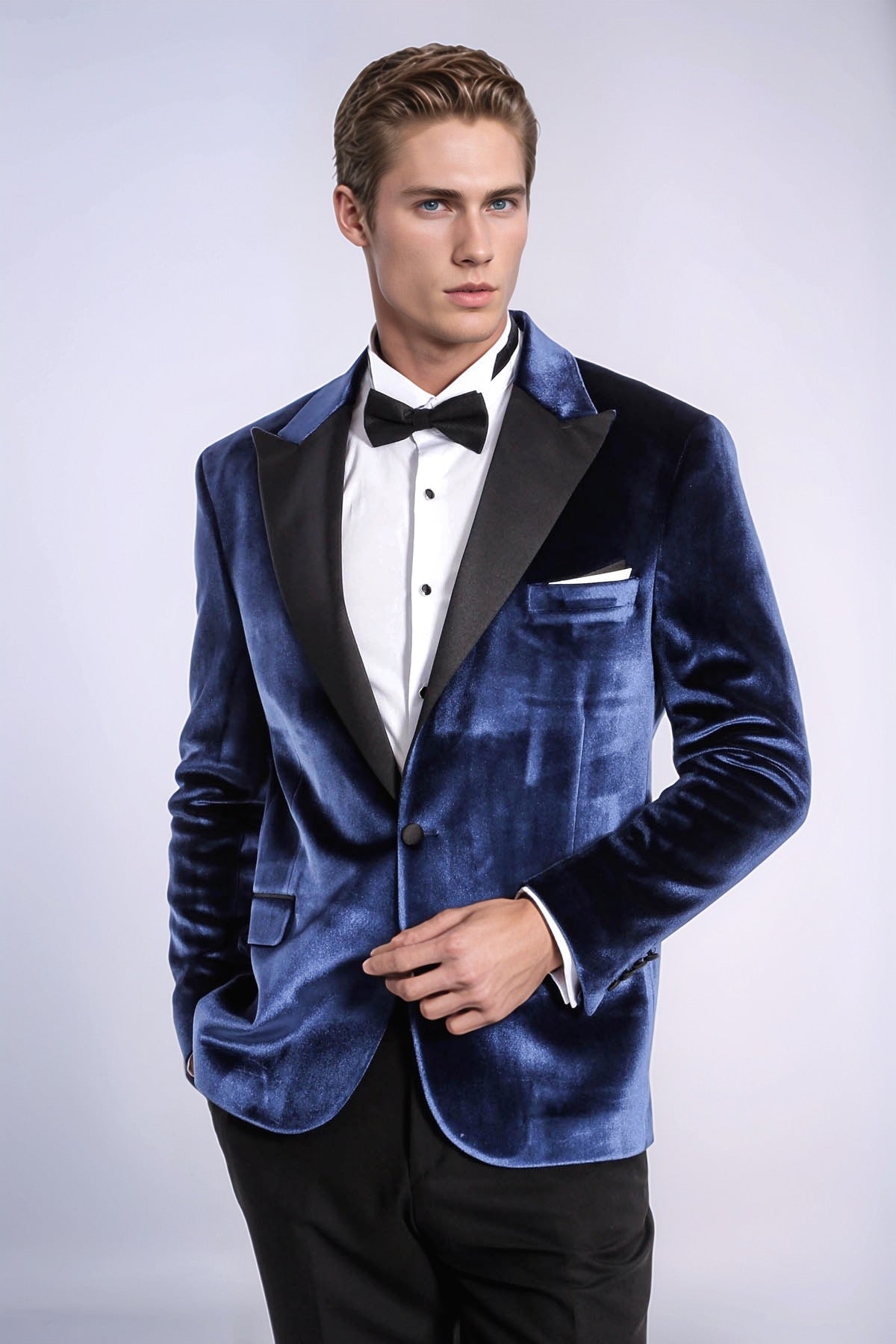 Velvet Slim Fit Blue Men Tuxedo Jacket - Wessi