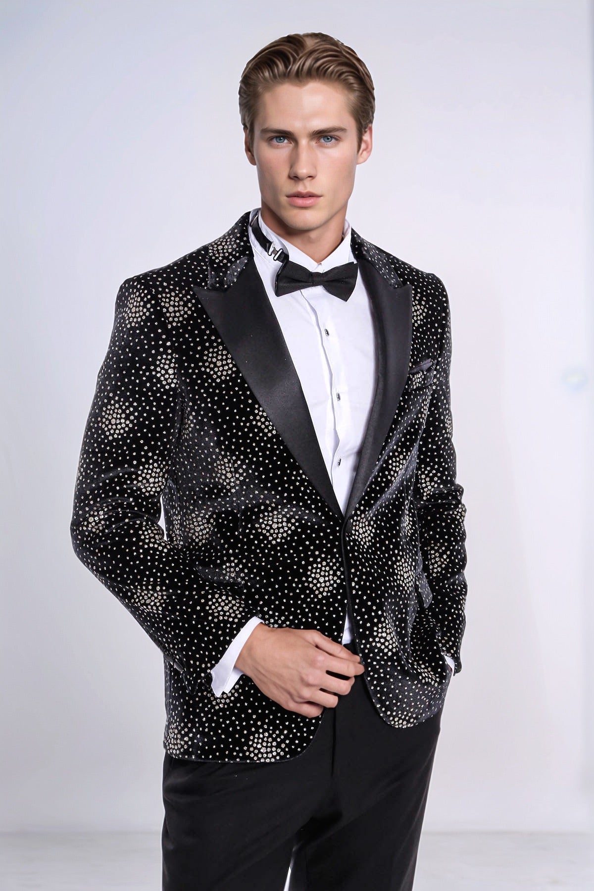 Slim Fit Dot Patterned Black Men Sparkle Jackets - Wessi