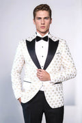Floral Patterned Peak Lapel White Men Wedding Tuxedo Blazer - Wessi
