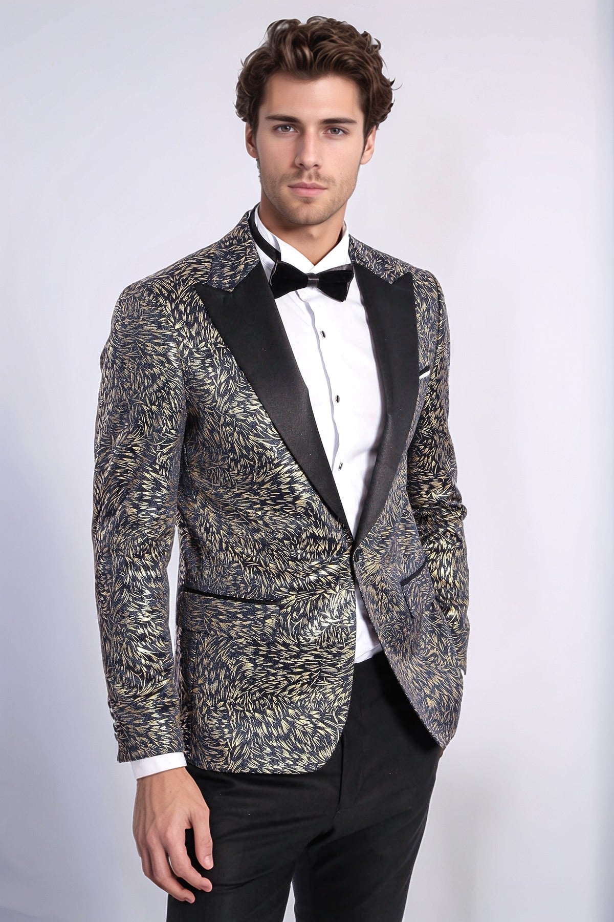 Feather Patterned Slim Fit Navy Blue Men Dinner Jacket - Wessi