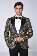 Gold Rose Patterned Slim Fit Black Men Singer Tuxedo Blazer - Wessi