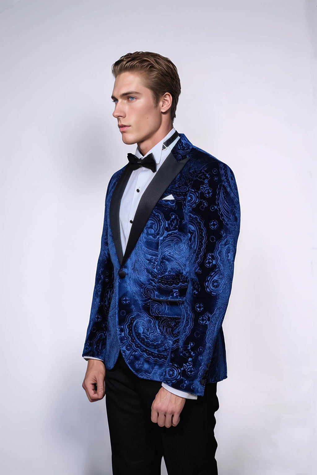 Floral Patterned Velvet Navy Blue Men Tuxedo Blazer - Wessi