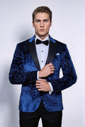 Floral Patterned Velvet Navy Blue Men Tuxedo Blazer - Wessi