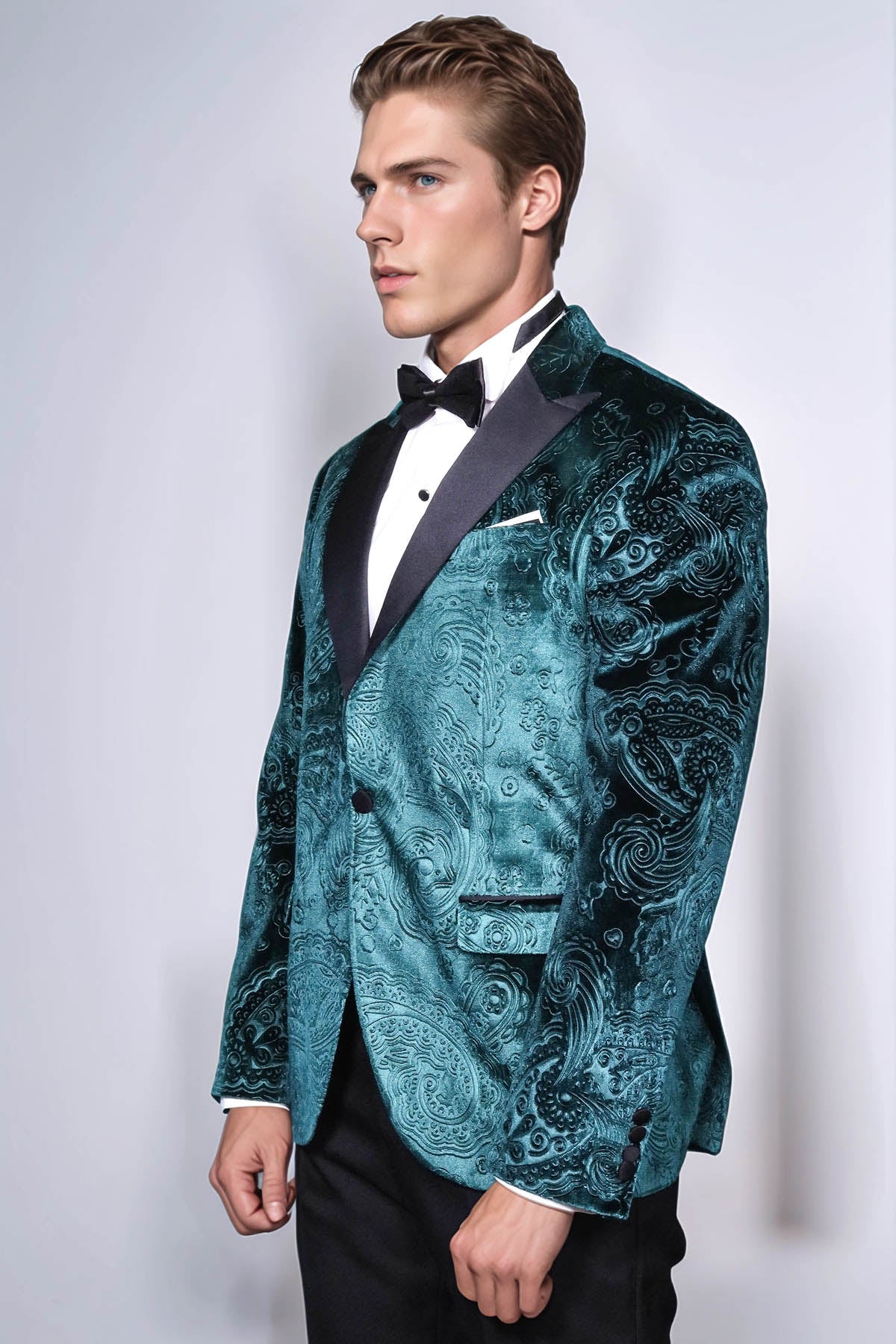 Floral Patterned Velvet Green Men Evening Jacket - Wessi