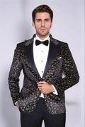 Tiny Flower Pattern Black Men Tuxedo Blazer - Wessi