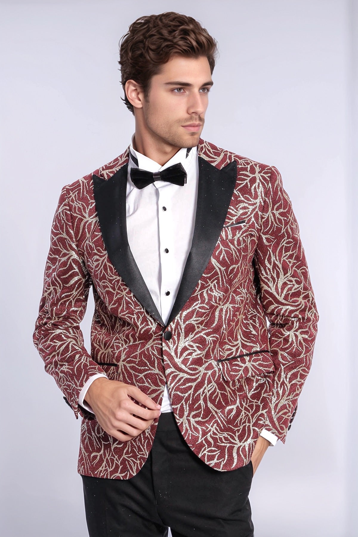 Sparkling Ivy Patterned Slim Fit Burgundy Men Evening Tuxedo Jacket - Wessi