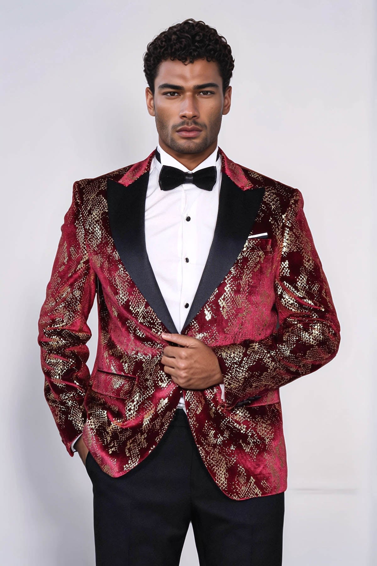 Peak Lapel Slim Fit Gold Patterned Burgundy Men Party Blazer - Wessi