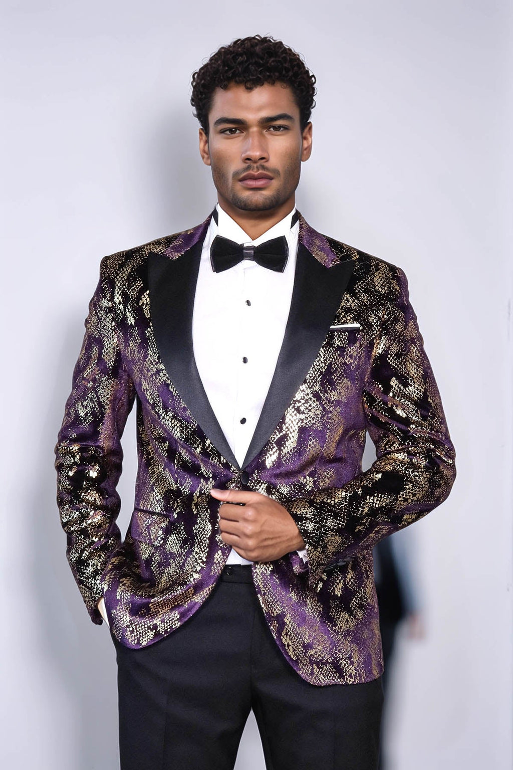 Peak Lapel Slim Fit Gold Patterned Purple Men Singer Tuxedo Blazer