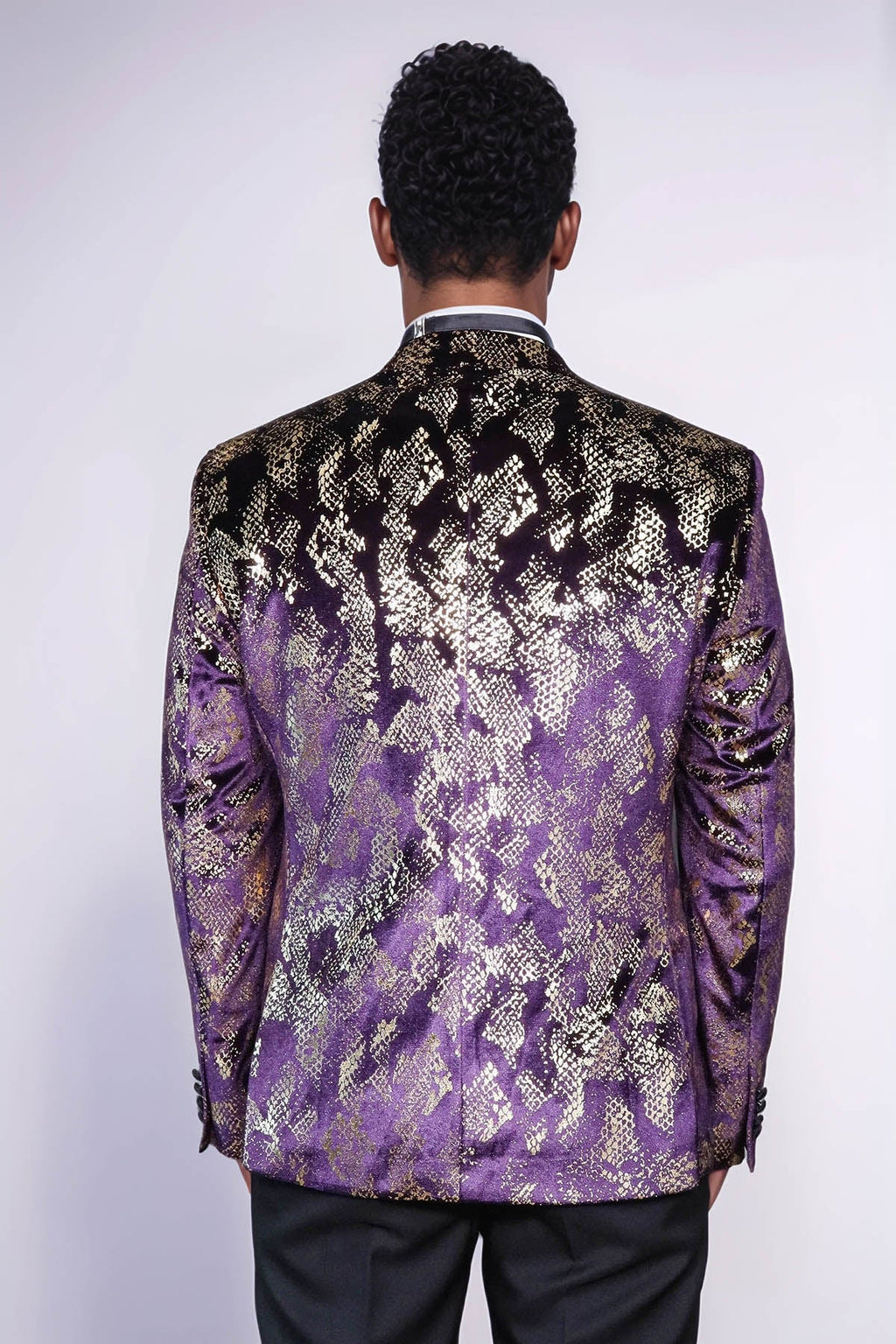 Peak Lapel Slim Fit Gold Patterned Purple Men Singer Tuxedo Blazer
