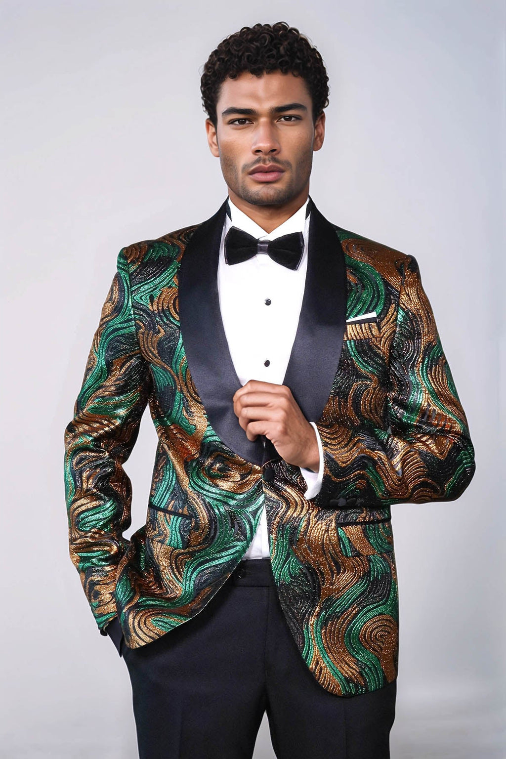 Gold-Green Patterned Over Black Men Stage Performers Jacket - Wessi