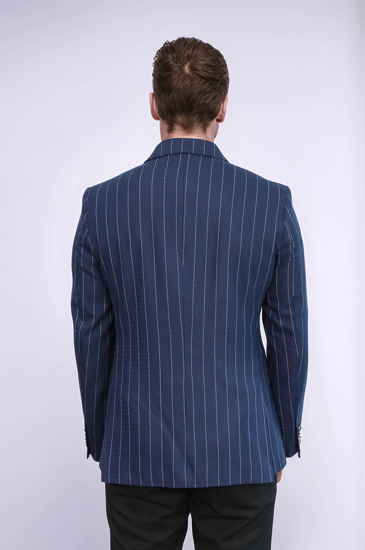 Double Breasted Slim Fit Striped Navy Blue Men Blazer - Wessi