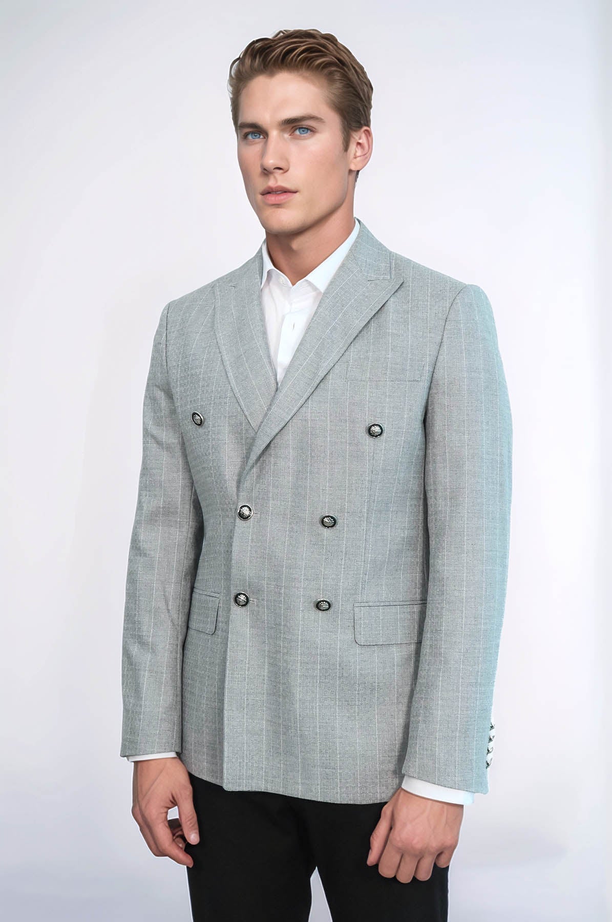 Double Breasted Slim Fit Striped Grey Men Blazer - Wessi