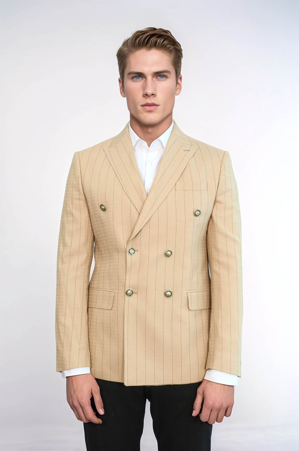 Double Breasted Slim Fit Striped Cream Men Blazer - Wessi