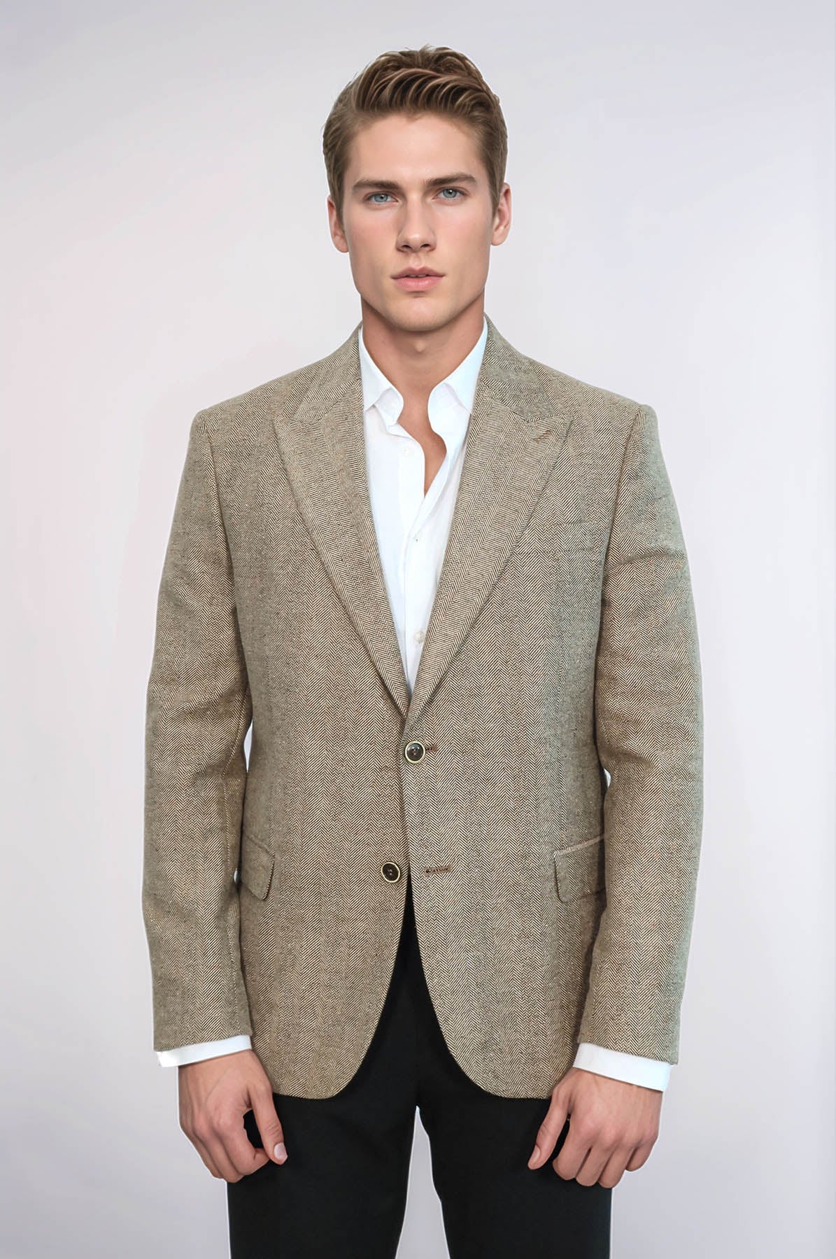 Houndstooth Pattern Wool Cream Men Blazer - Wessi