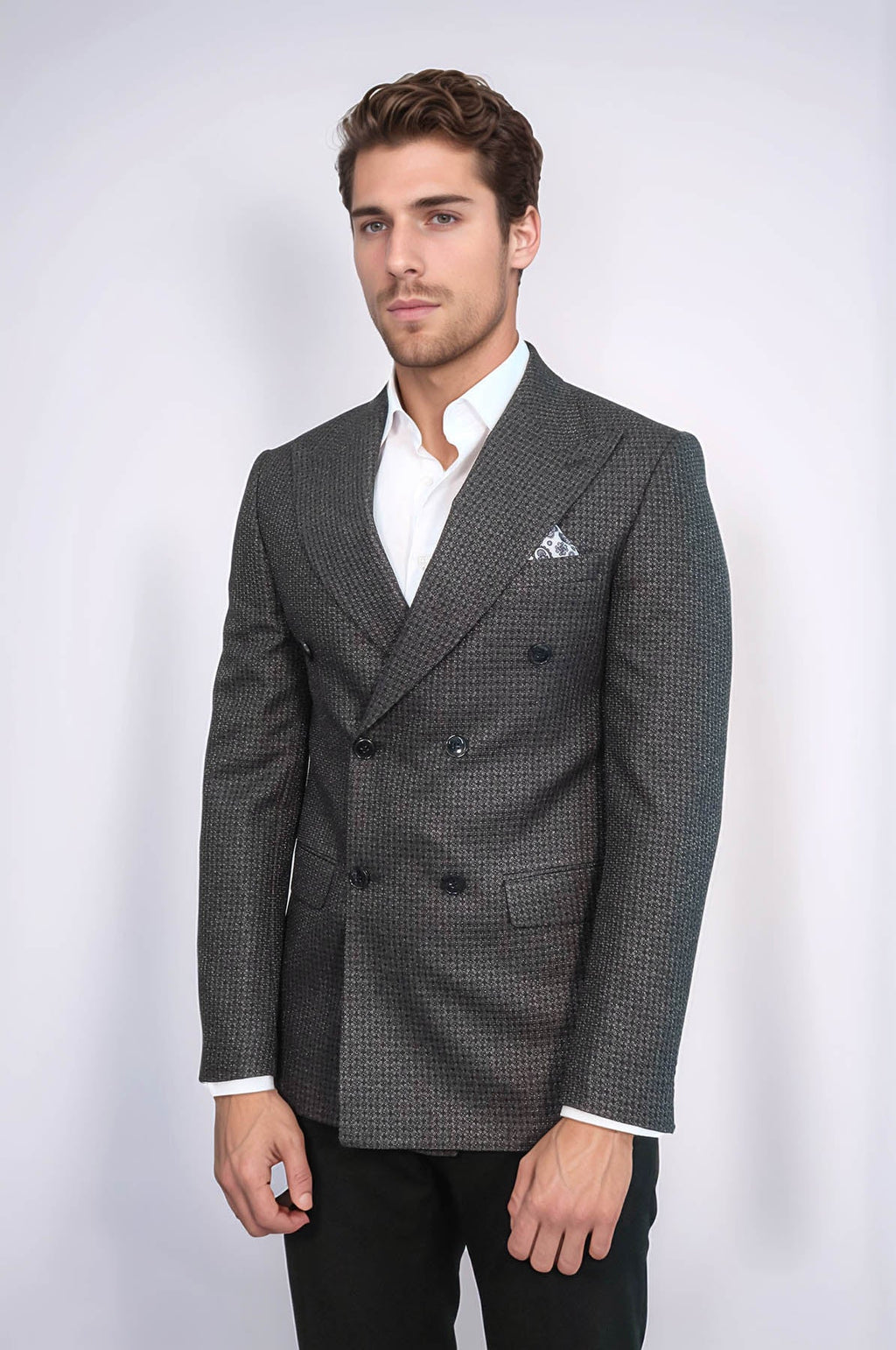 Houndstooth Patterned Grey Men Double Breasted Blazer - Wessi