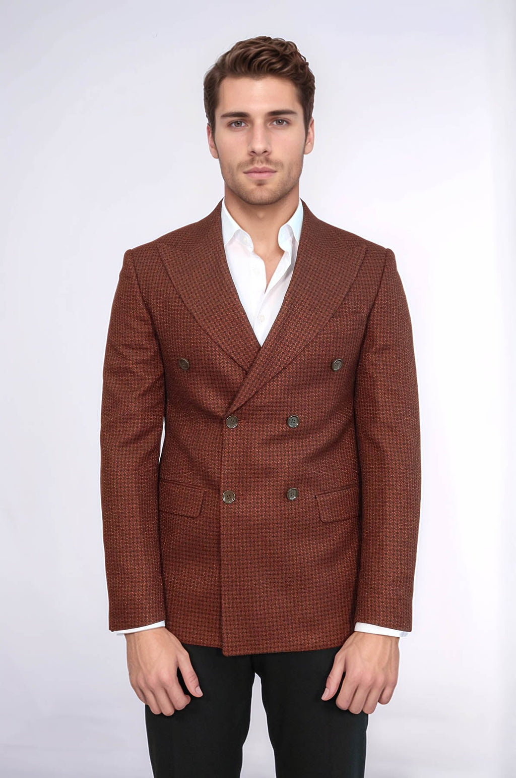 Houndstooth Patterned Brown Men Double Breasted Blazer - Wessi