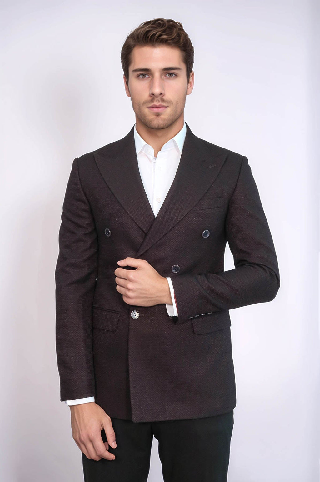 Houndstooth Patterned Burgundy Men Double Breasted Blazer - Wessi