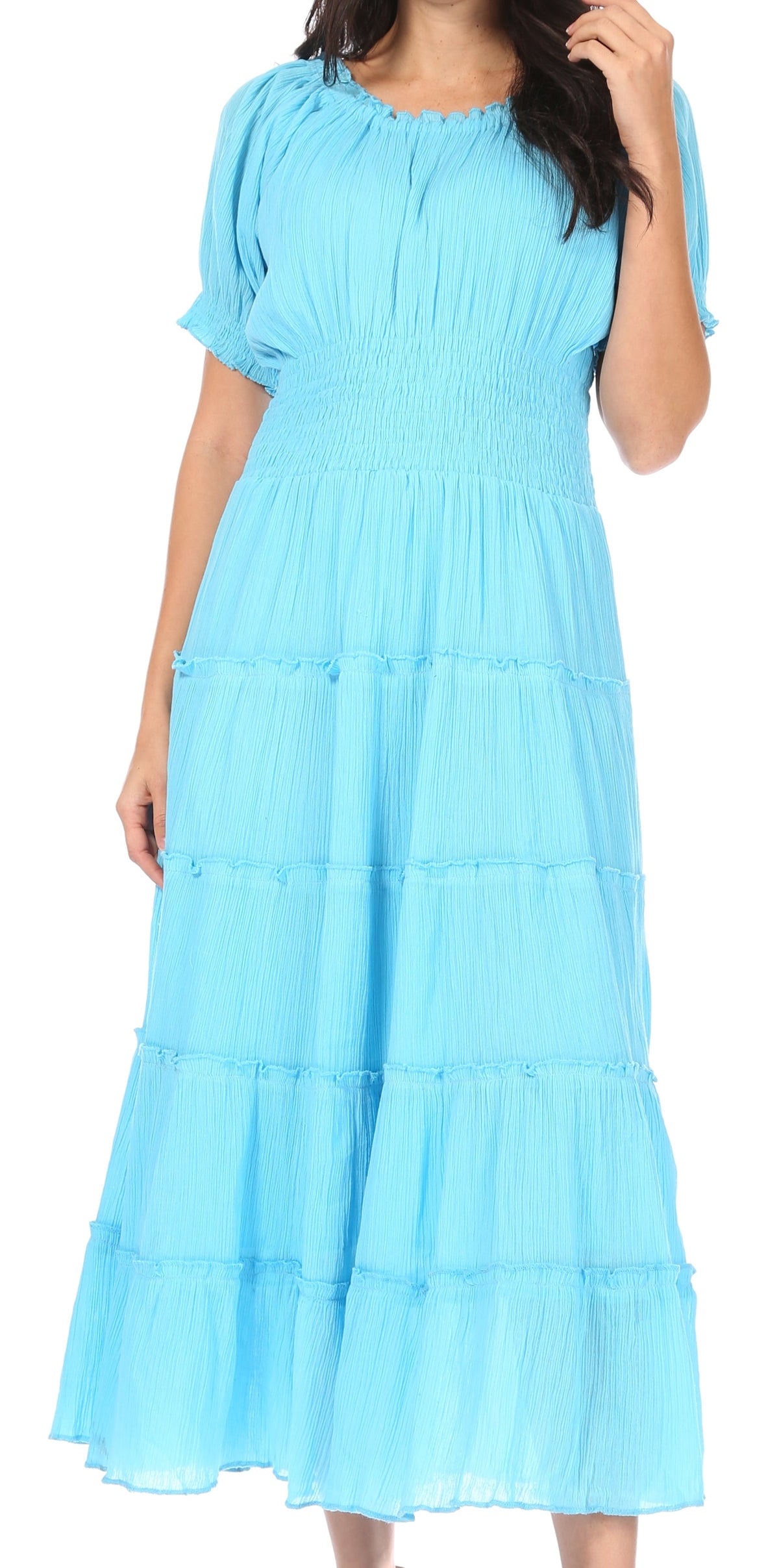 Sakkas Cotton Crepe Smocked Peasant Gypsy Boho Renaissance Mid Length Dress