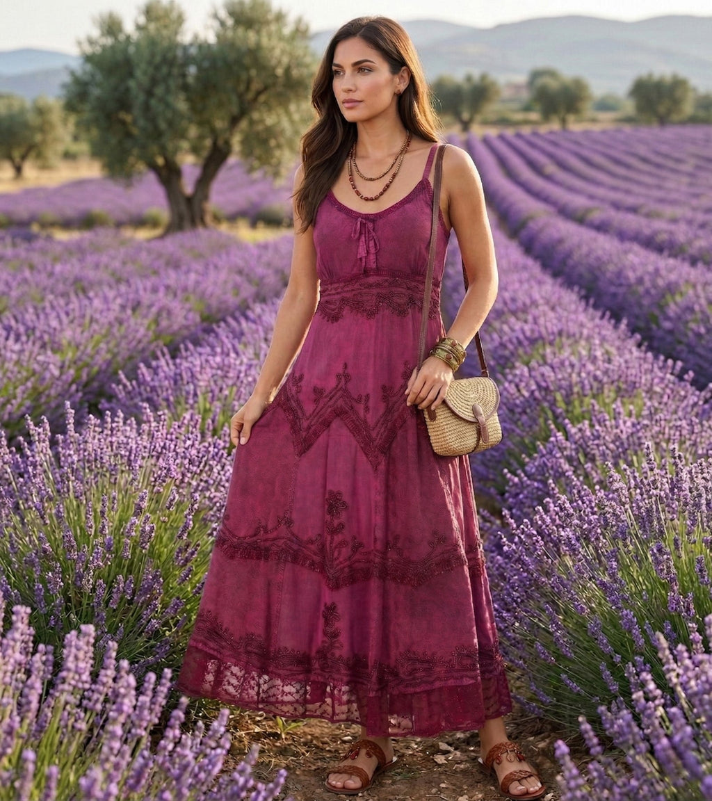 Sakkas Stonewashed Rayon Embroidered Adjustable Spaghetti Straps Long Dress