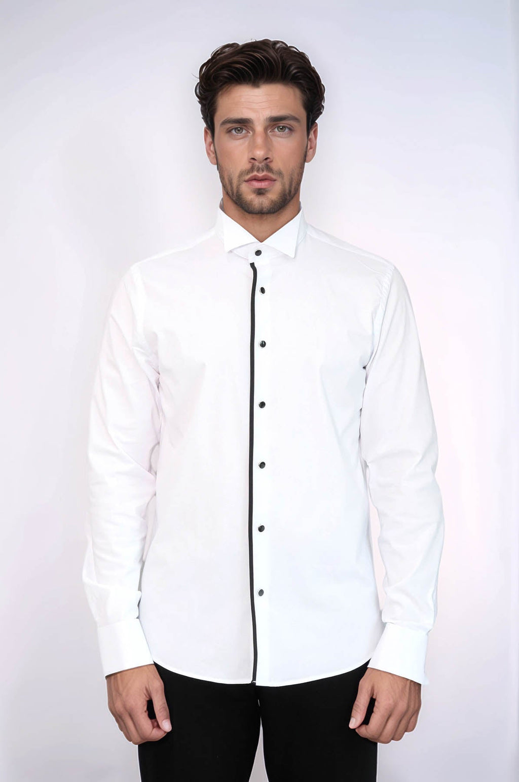 Black Stripe Detailed White Men Tuxedo Shirt - Wessi