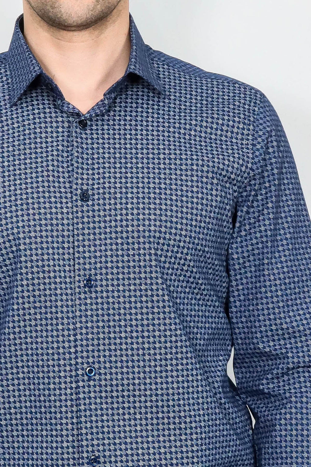 Houndstooth Pattern Slim Fit Navy Blue Men Shirt - Wessi