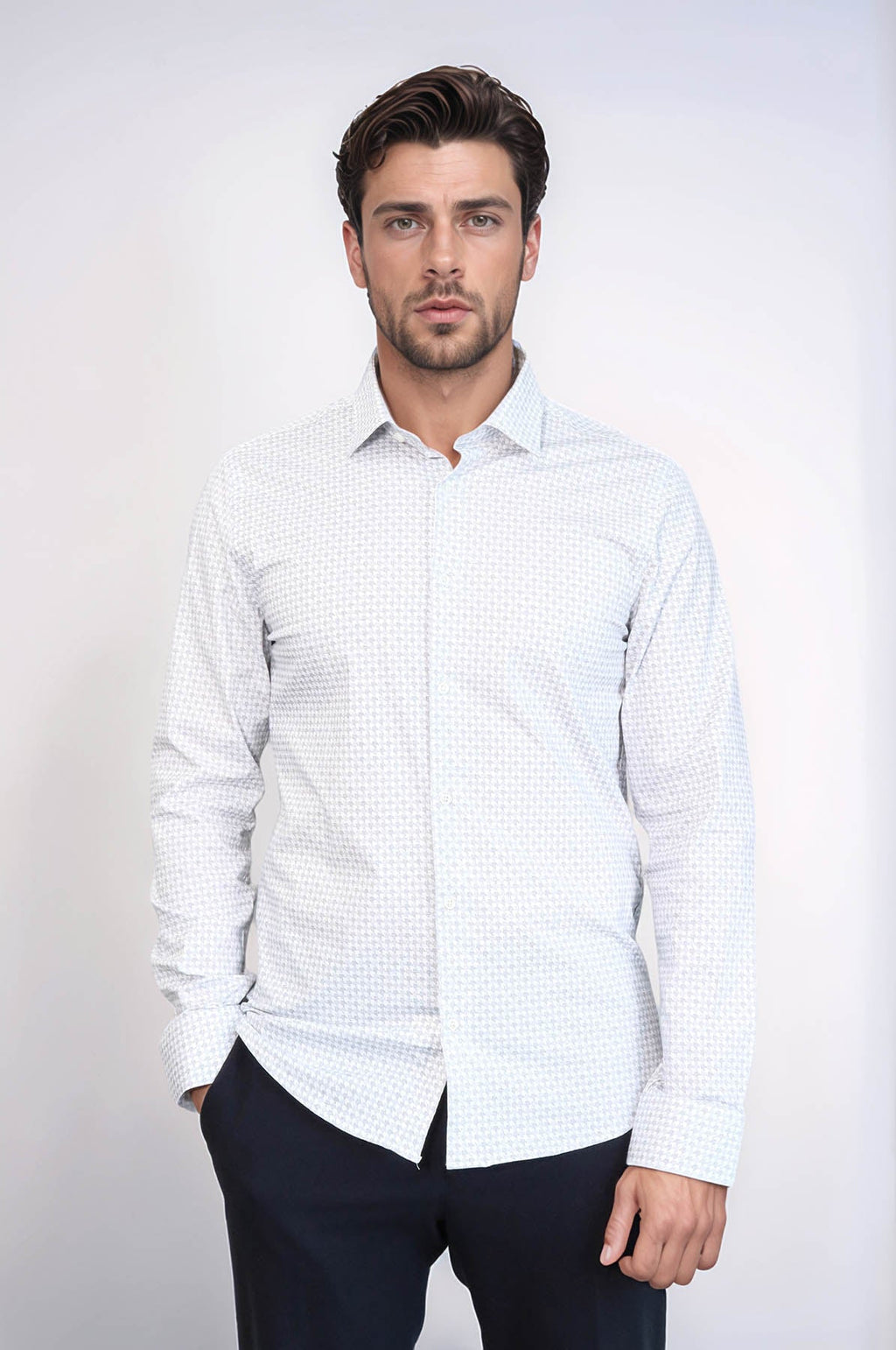 Houndstooth Pattern Slim Fit White Men Shirt - Wessi