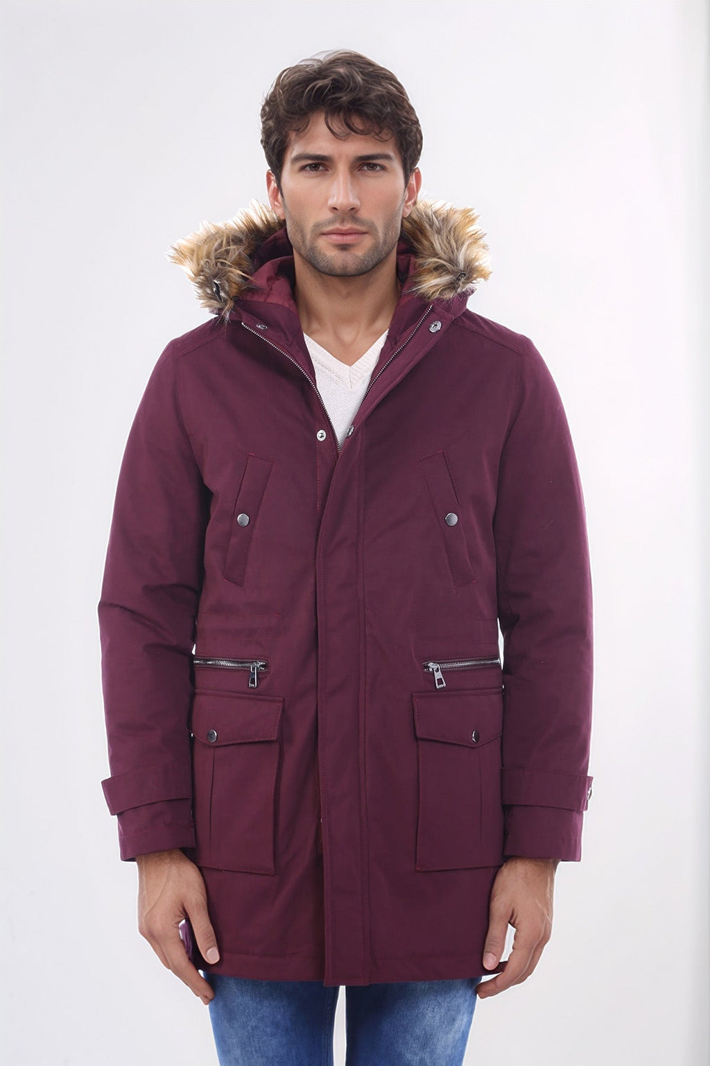 Fur Hooded Burgundy Men Coat - Wessi