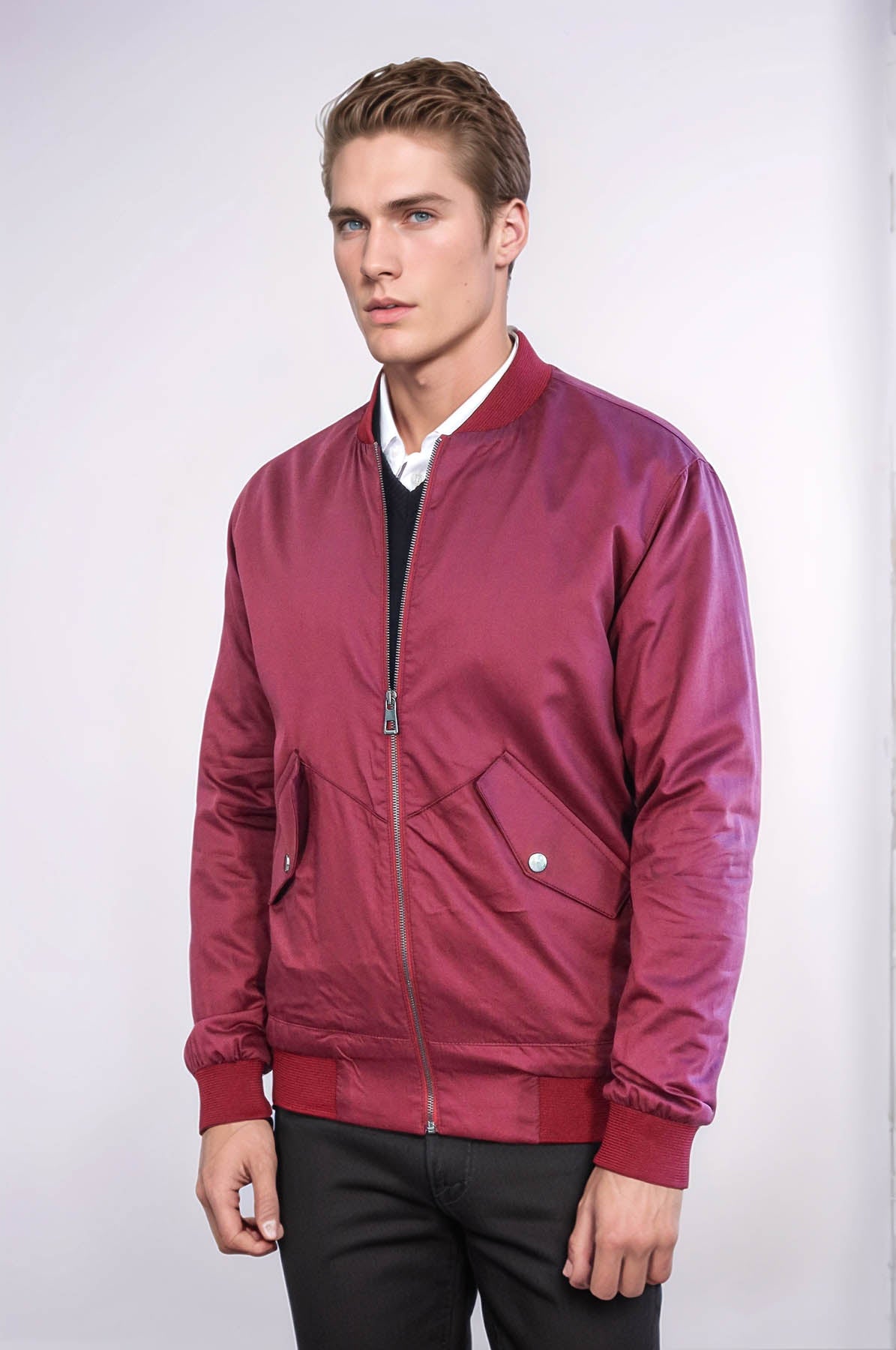 Flap Pockets Zippered Burgundy Men Bomber Coat - Wessi