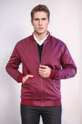 Flap Pockets Zippered Burgundy Men Bomber Coat - Wessi
