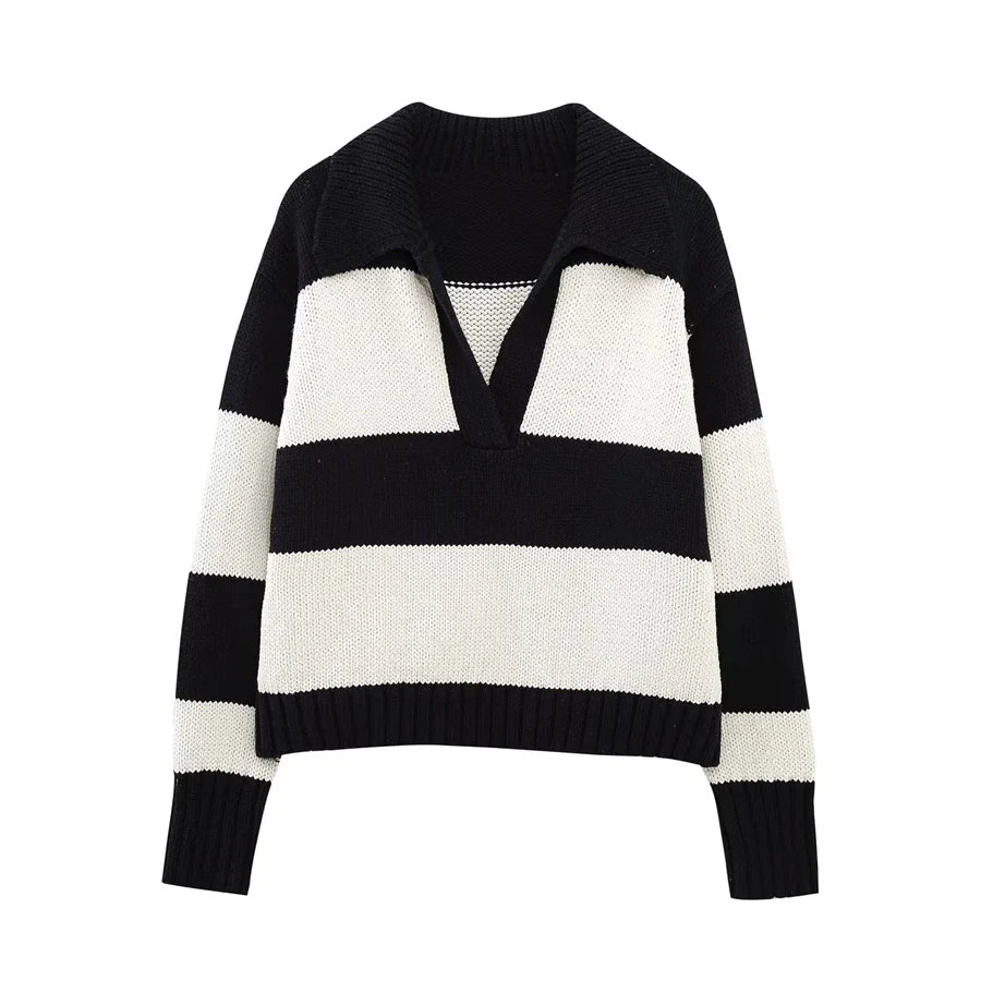 Women Fashion Black Striped Knit Sweater Spring Vintage Polo Neck Long Sleeve Female Pullovers Chic Tops