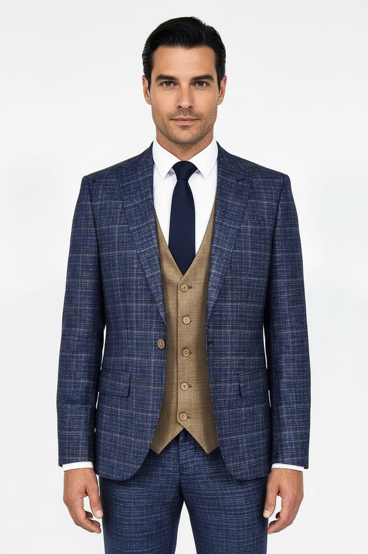 Slim Fit Checked Patterned Navy Blue Men Suit - Wessi