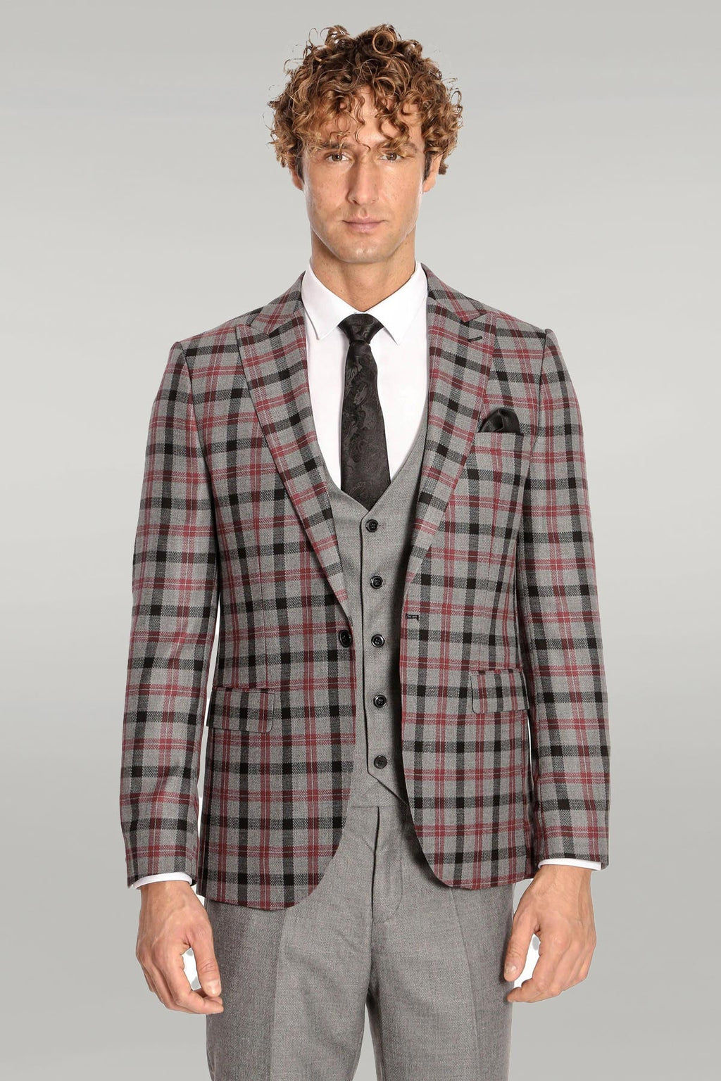 Checked Slim Fit Grey Men Suit - Wessi