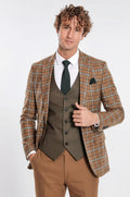 Brown Vested Slim Fit Checked Tan Men Suit - Wessi