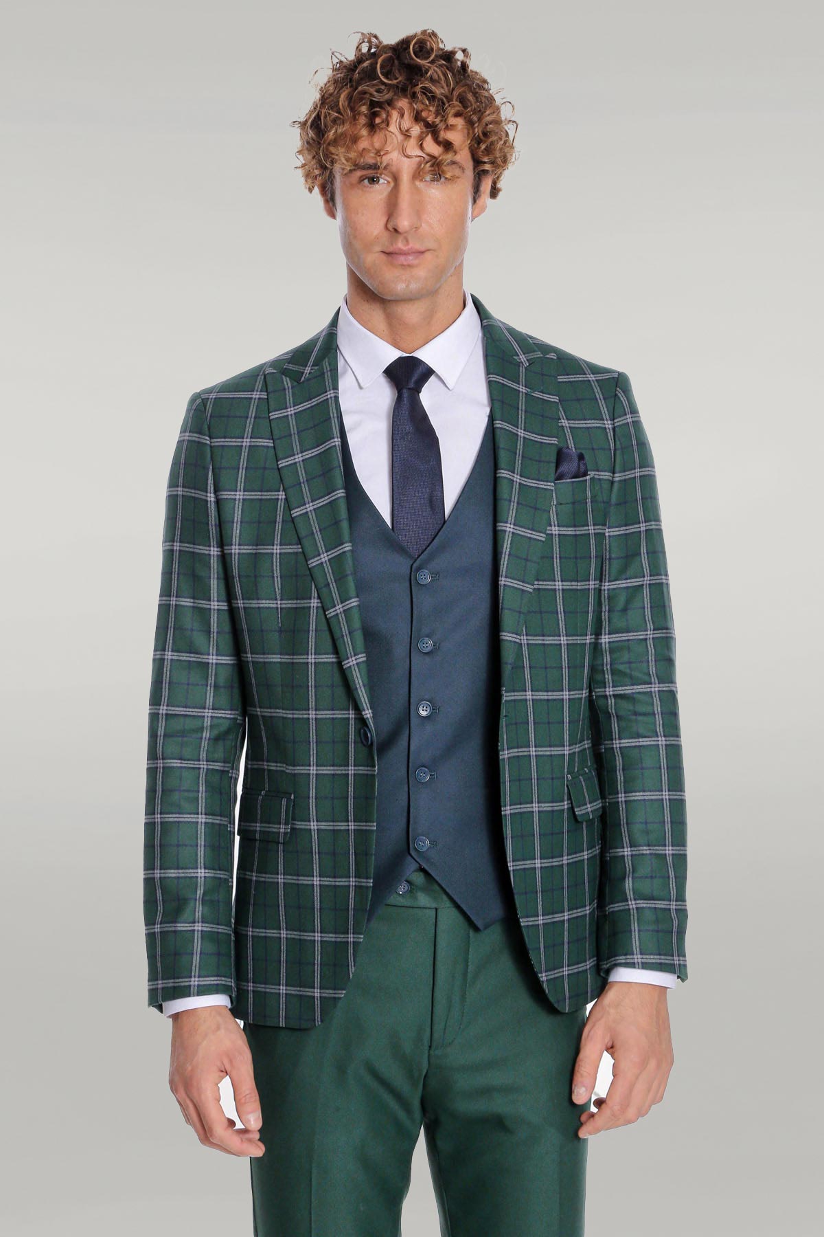 Blue Vested Slim Fit Checked Green Men Suit - Wessi