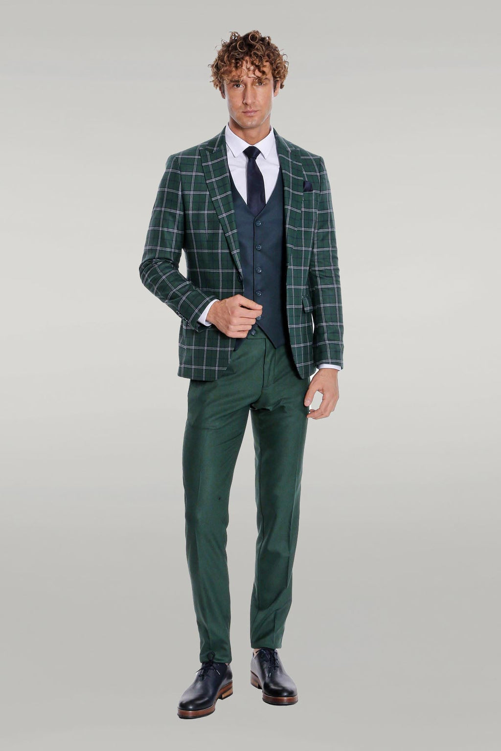 Blue Vested Slim Fit Checked Green Men Suit - Wessi