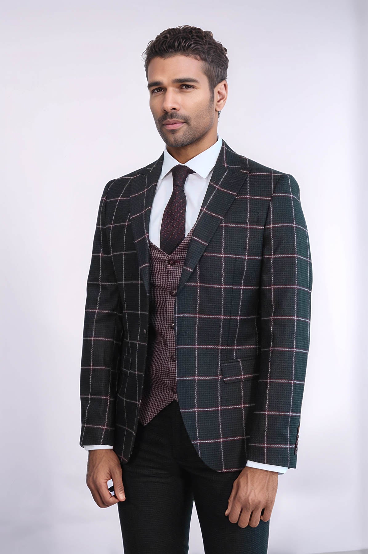 Checked Patterned Slim Fit Black Men Suit - Wessi