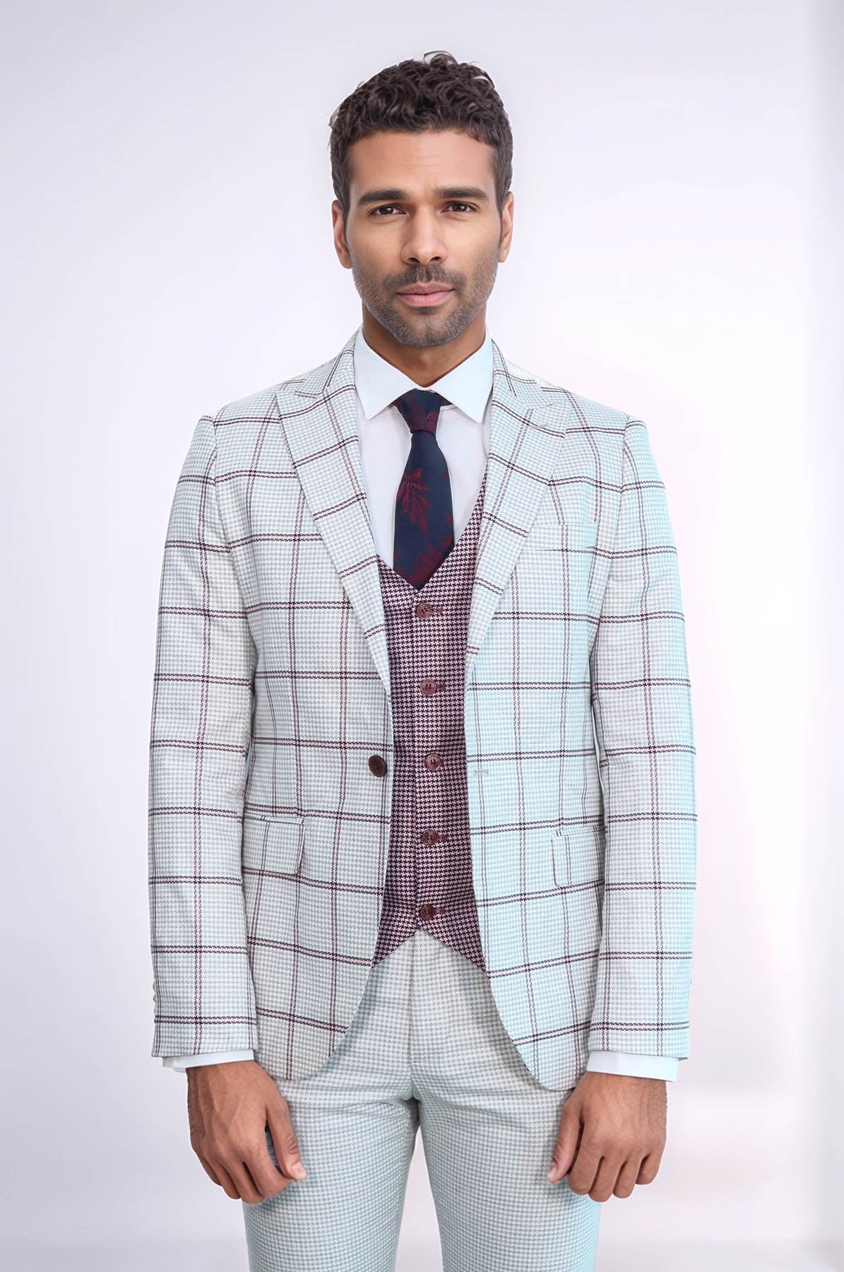 Checked Patterned Vested Light Grey Men Suit - Wessi