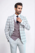 Checked Patterned Vested Light Grey Men Suit - Wessi