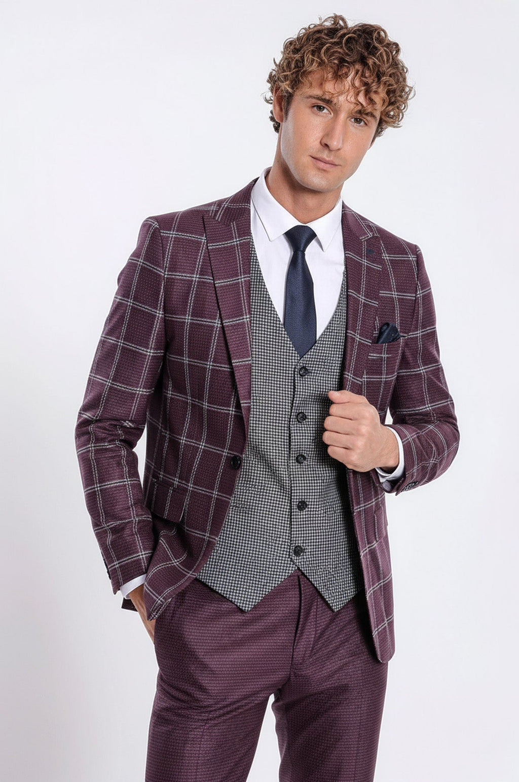 Checked Patterned Slim Fit Burgundy Men Suit - Wessi