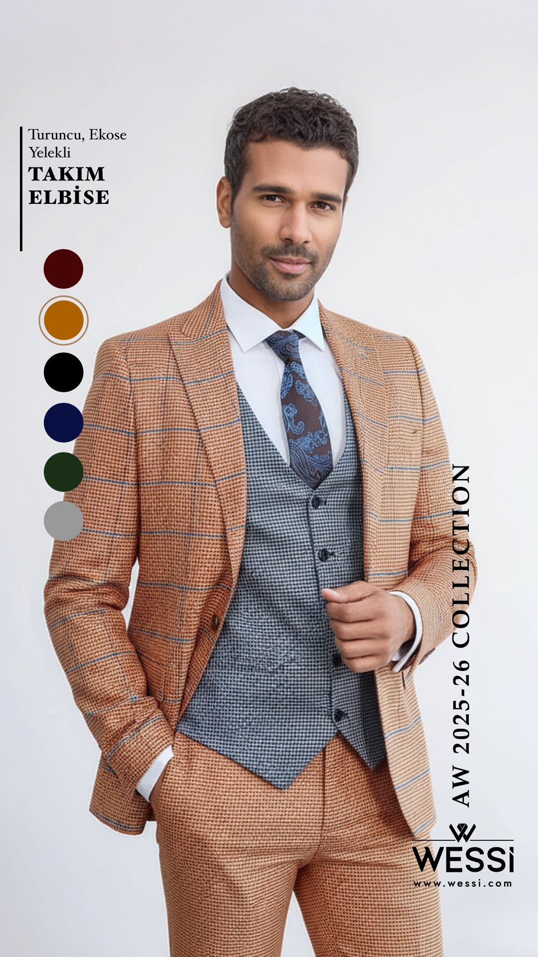 Checked Patterned Slim Fit Orange Men Suit - Wessi