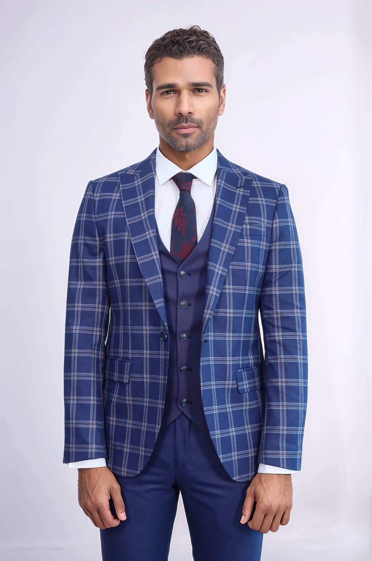 Slim Fit Vested Peak Lapel Checked Navy Blue Men Combination Suit