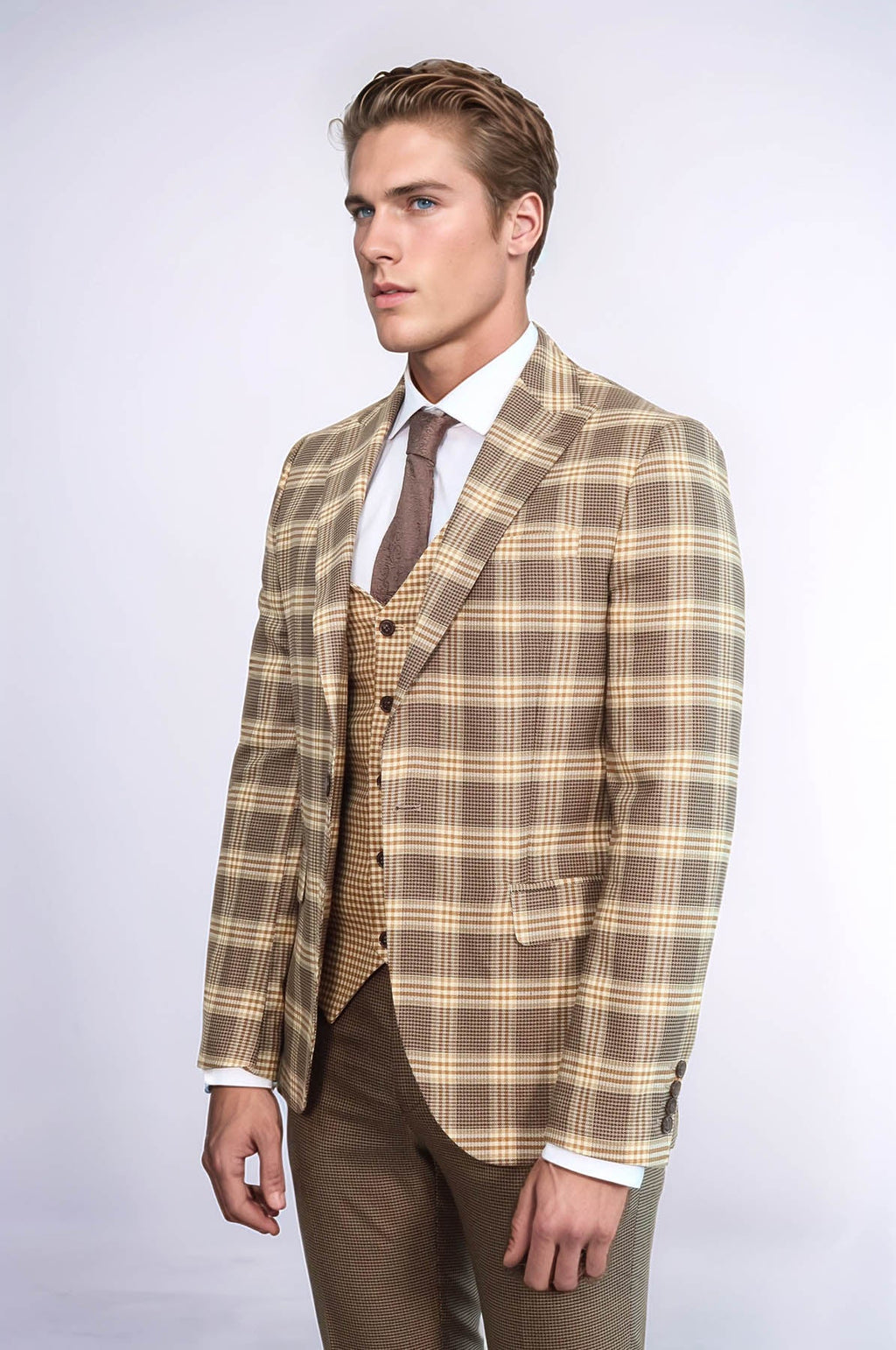 Slim Fit Patterned Checked Light Brown Men Suit - Wessi