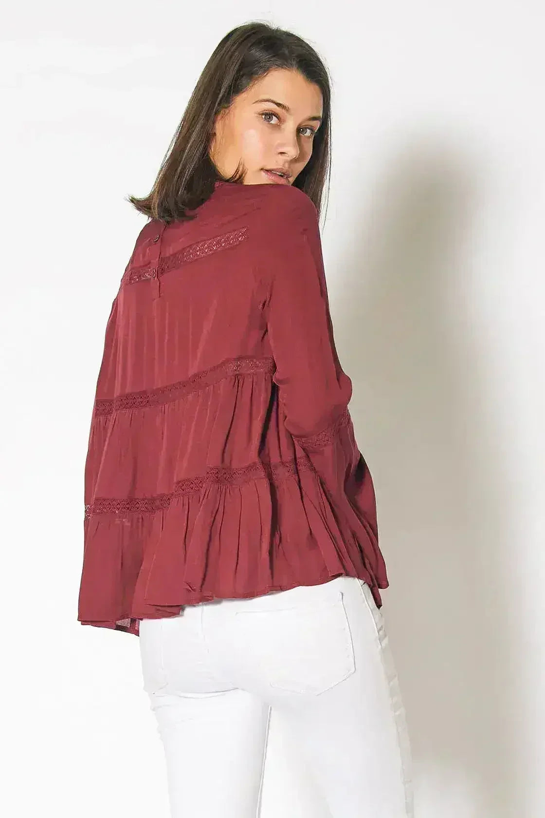 Bell Sleeve Tiered Blouse – Red Cordovan Polyester Women Top