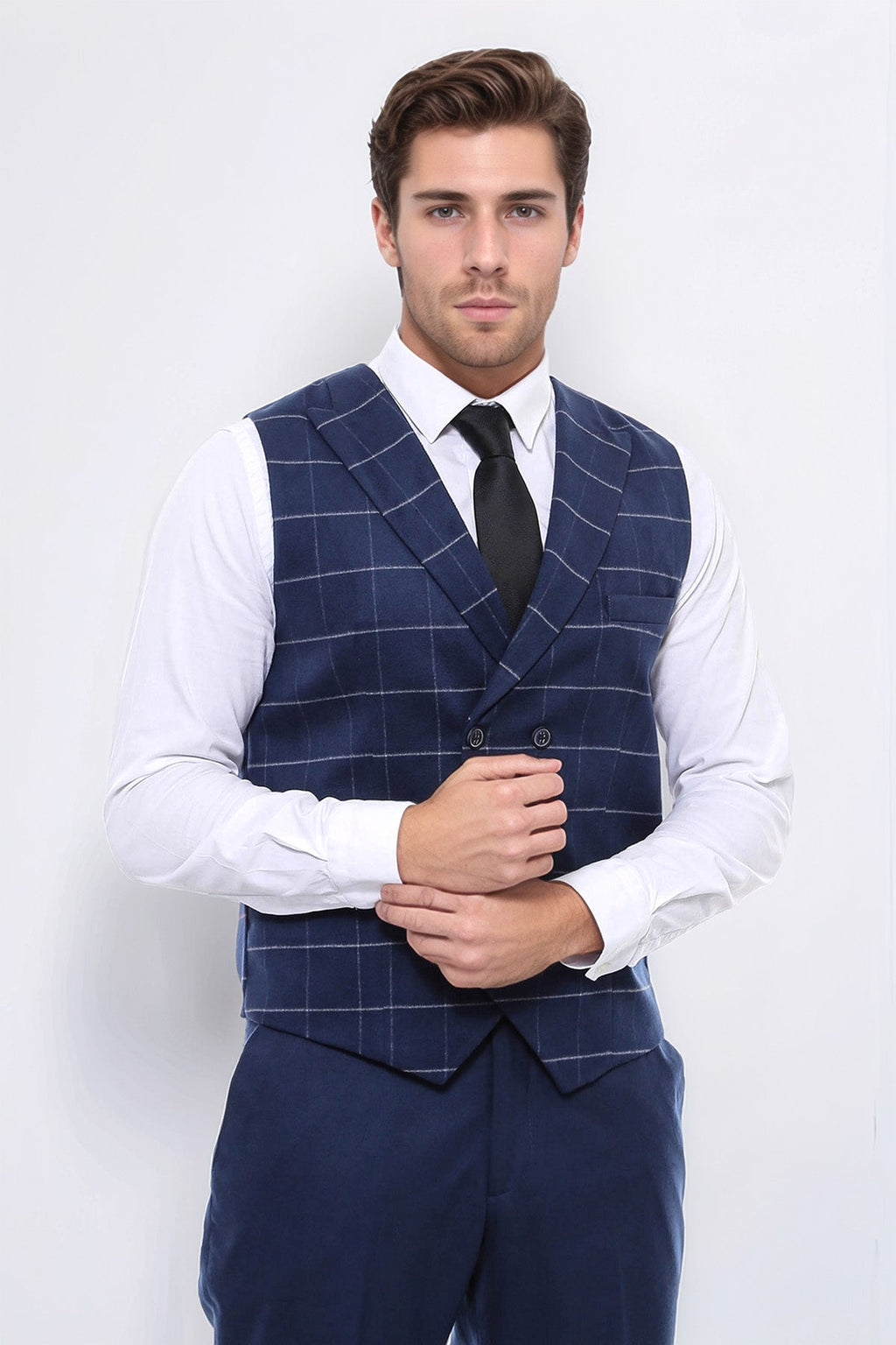 Double Breasted Plaid Blue Men Vest - Wessi