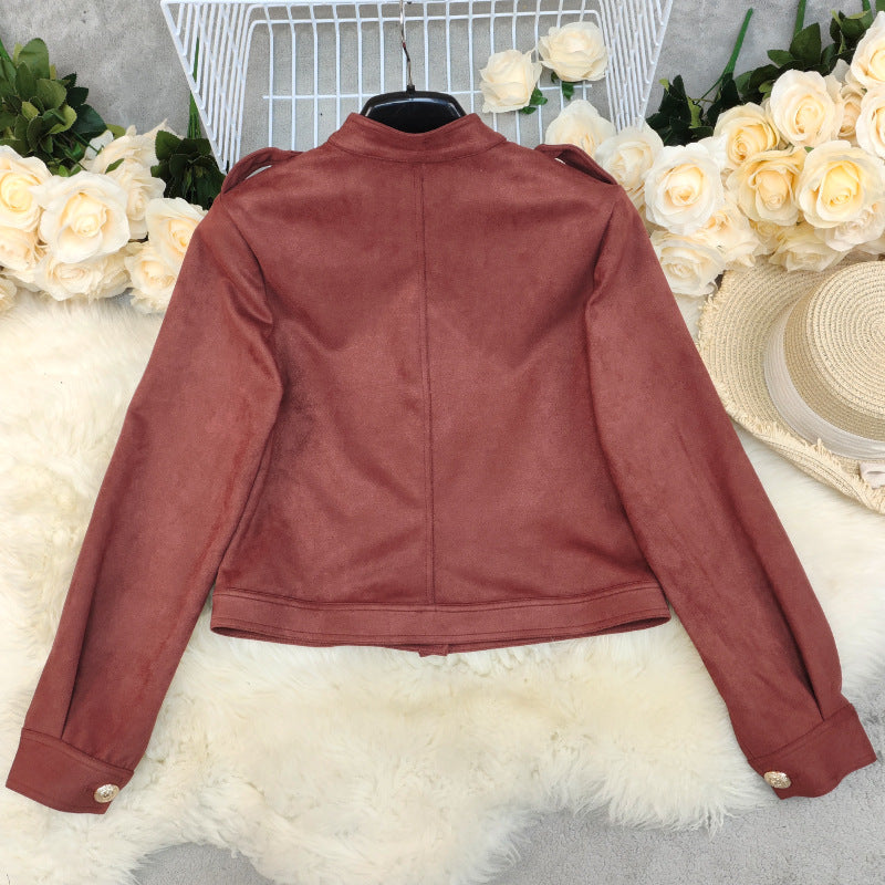 Women's Fashion Retro Long Sleeve Short Suede Jacket