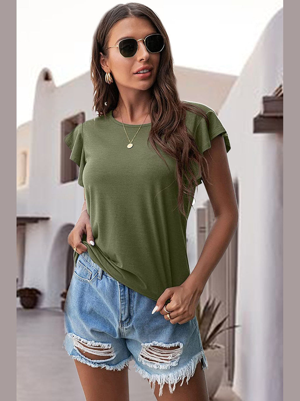 Women Ruffled Round Neck Cap Sleeve Blouse