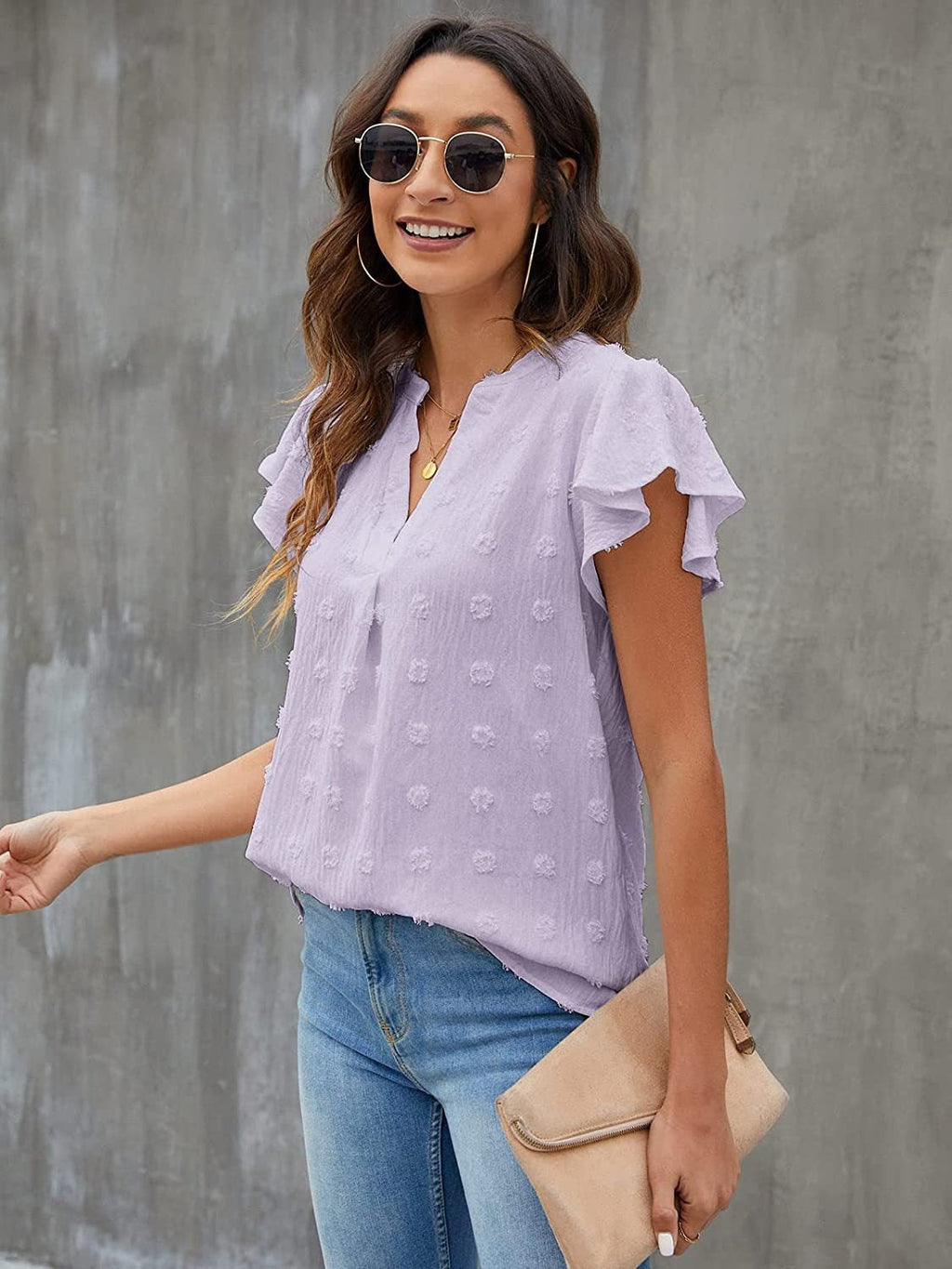 Women Swiss Dot Notched Flutter Sleeve Blouse
